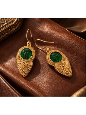 Goddess Intaglio Moon Earrings Gold Filigree VTG Ancient Antique Boho Ethnic